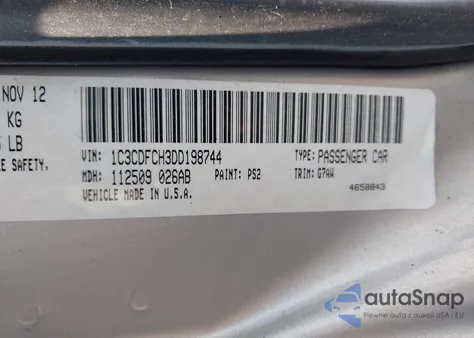 2013 Dodge Dart Limited из США, поврежденный, VIN 1C3CDFCH3DD198744